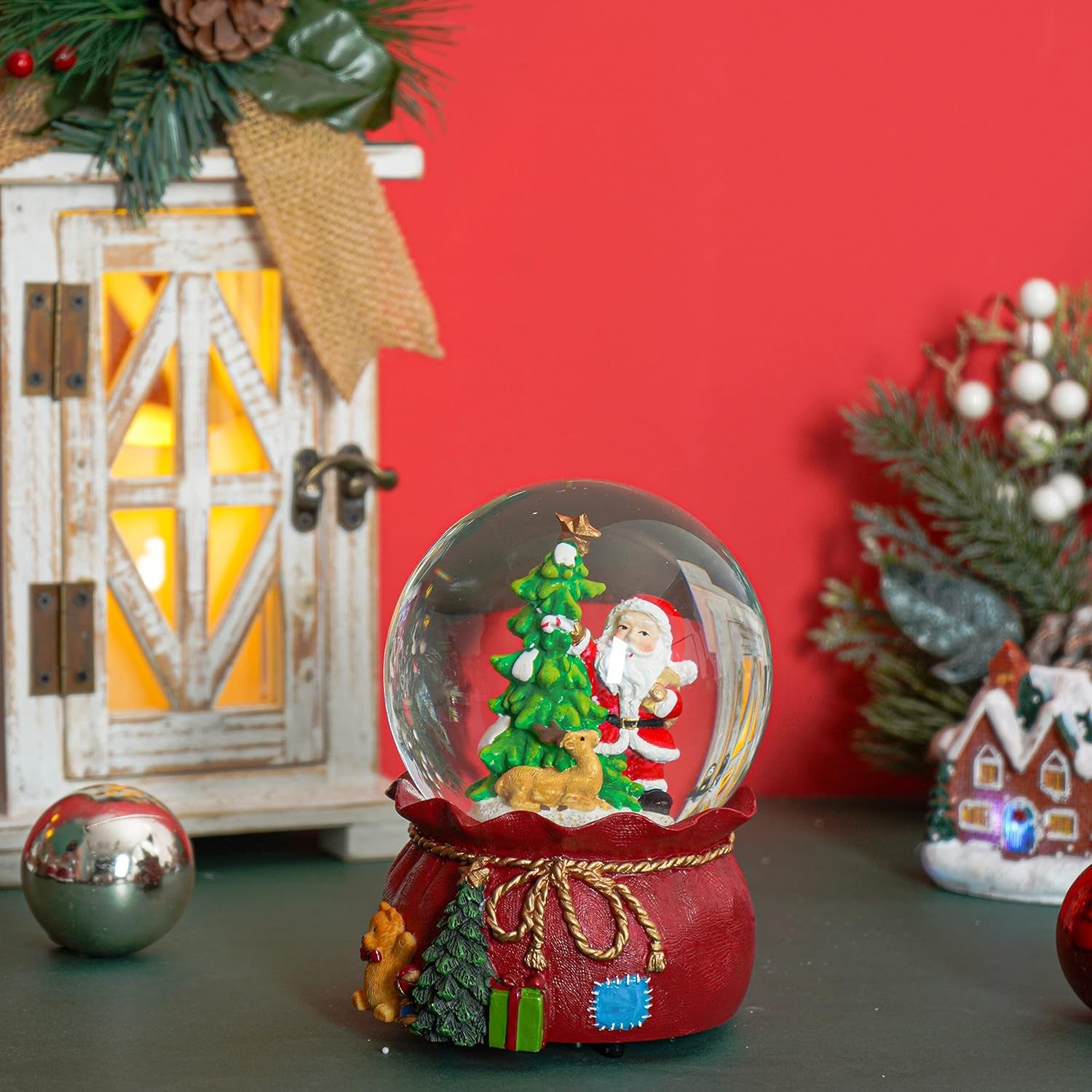 Christmas Water Snow Globes with Snowflakes Dancing Glass Snow Globe for Holiday,Music Box Decorative Ornaments, Santa Claus and Christmas Tree