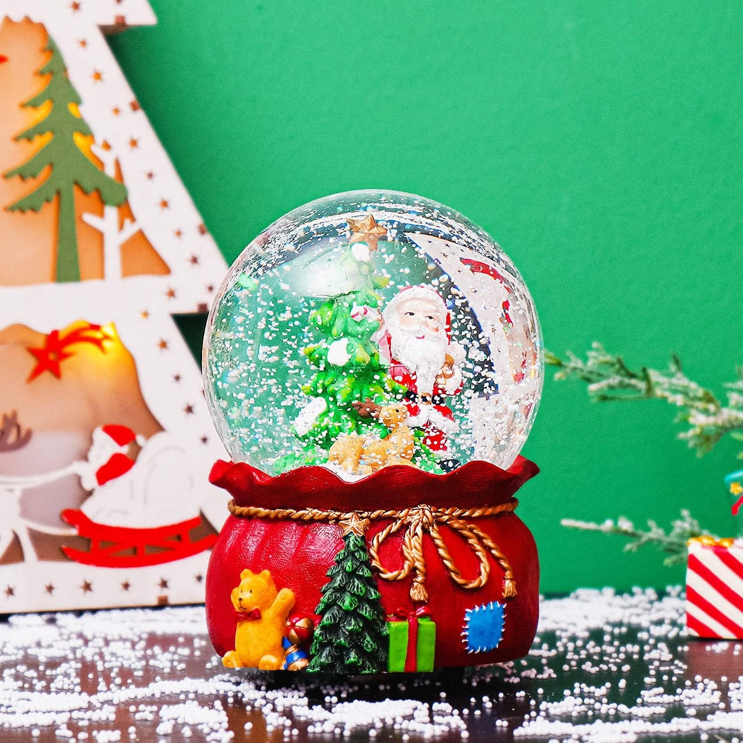 Christmas Water Snow Globes with Snowflakes Dancing Glass Snow Globe for Holiday,Music Box Decorative Ornaments, Santa Claus and Christmas Tree