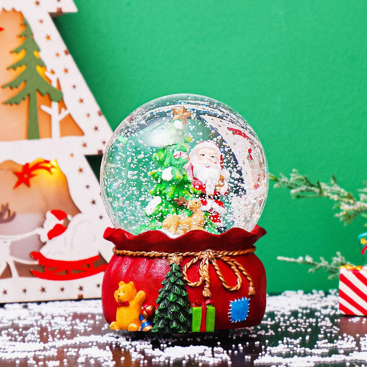 Christmas Water Snow Globes with Snowflakes Dancing Glass Snow Globe for Holiday,Music Box Decorative Ornaments, Santa Claus and Christmas Tree